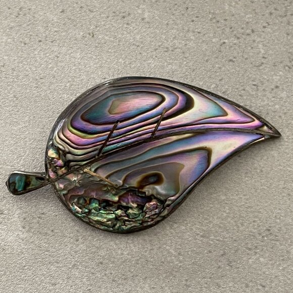 Taxco Jewelry - Vintage Abalone Inlay .925 Sterling Silver Leaf Brooch Pin Beto Taxco Mexico 2"